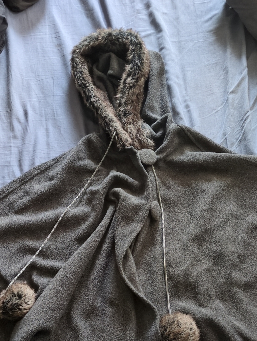 Faux-Fur Trim Hooded Poncho Coat - Gray